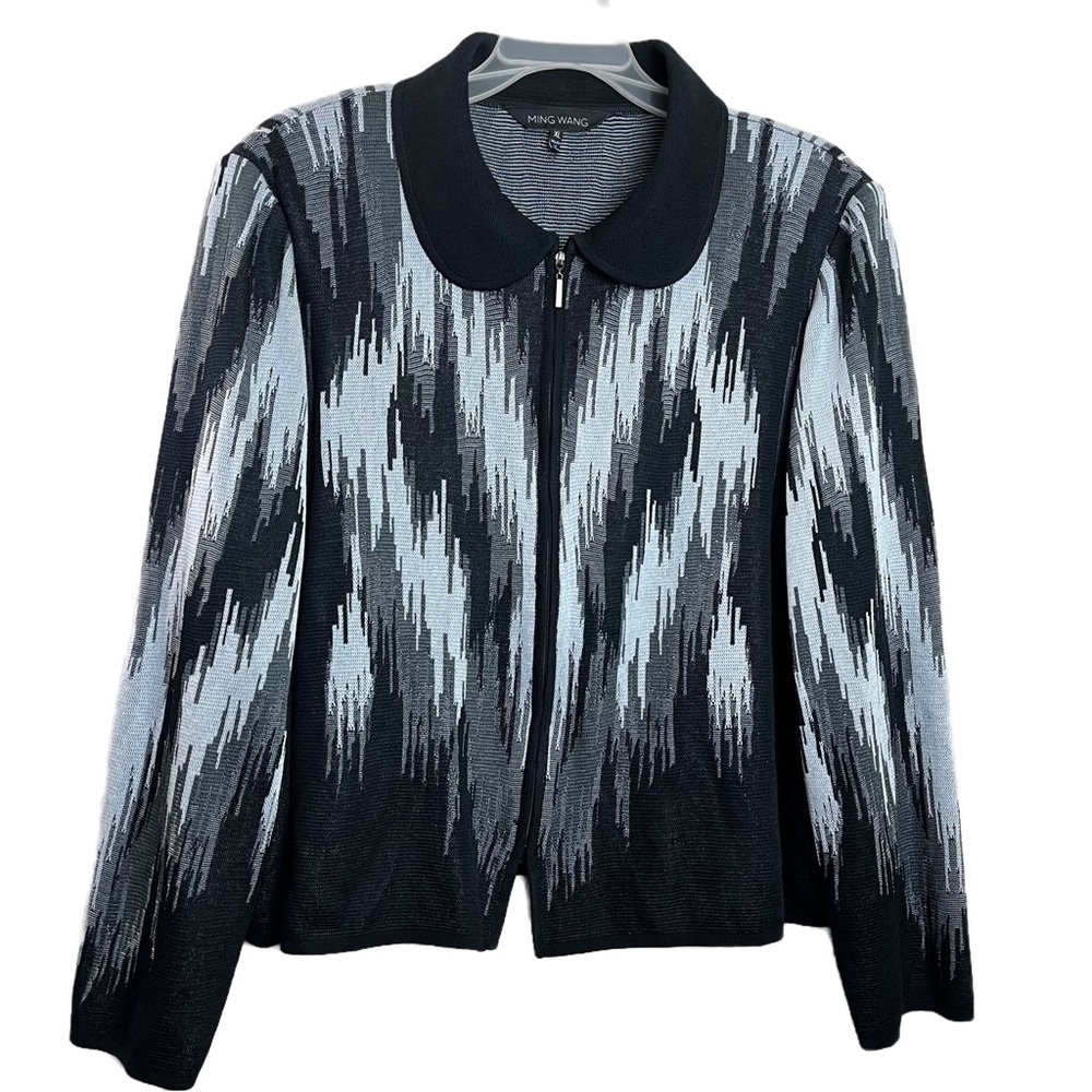 Ming Wang Full Zip XL Collared Sweater Cardigan Black White Stripe